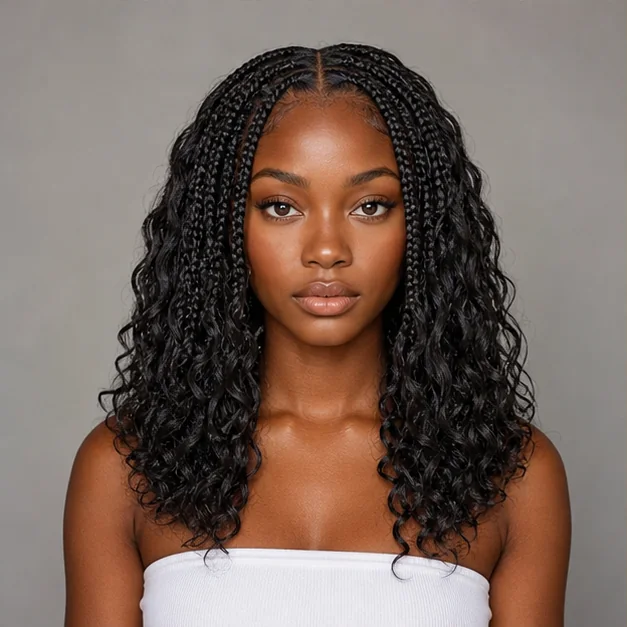 Black woman with center-part goddess braids