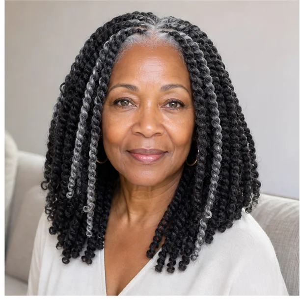 Black woman with center parted Marley twists