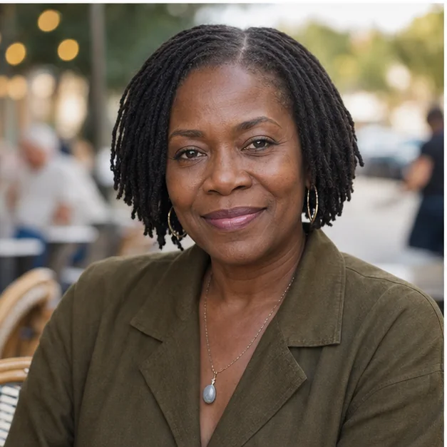 Black woman with a short center parted loc bob