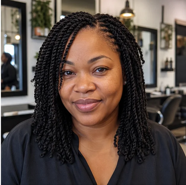 Black woman with slightly chunky mini twists