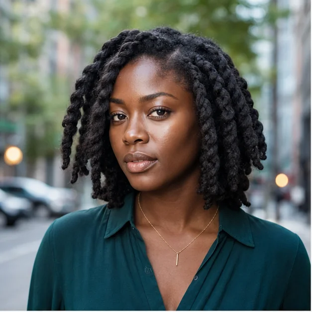 Black woman wearing chunky two-strand twists on natural hair