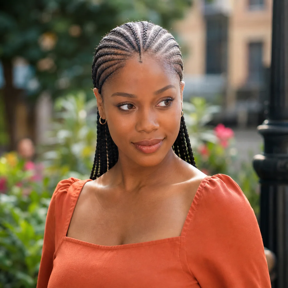 Classic center-braid Fulani pattern on a Black woman