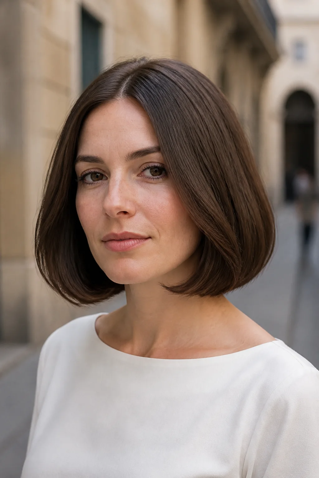 White woman with brunette hair wearing a classic chin-length Italian bob