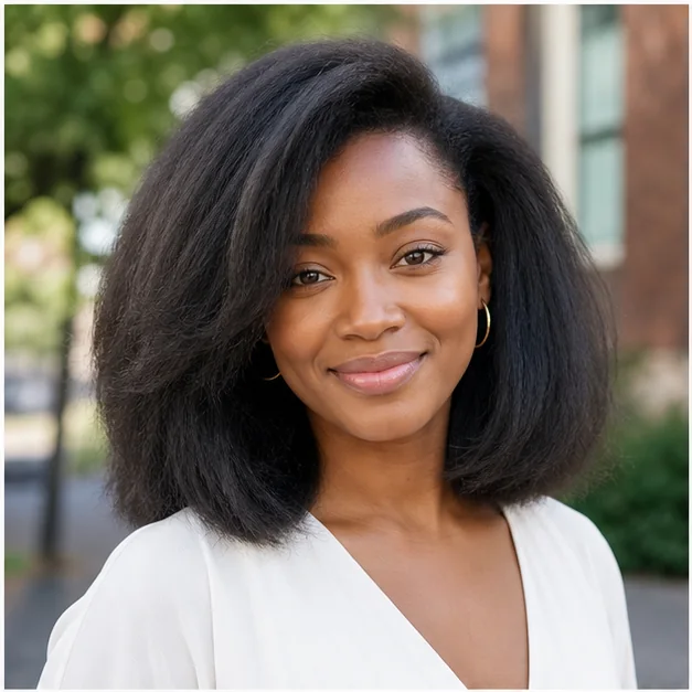 Black woman with a classic full fluffy press hairstyle