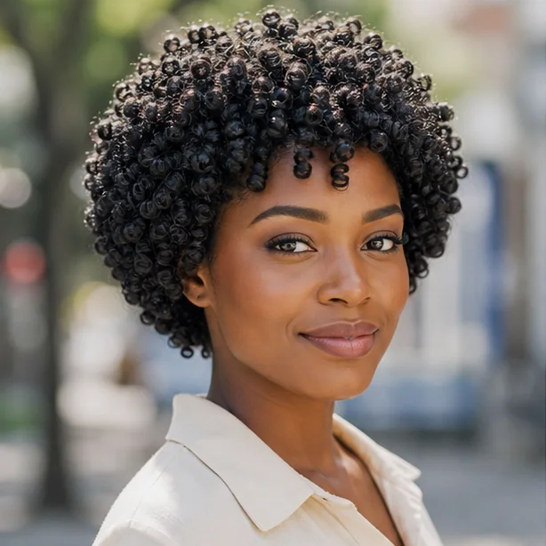 Black woman with classic glossy finger coils on natural hair