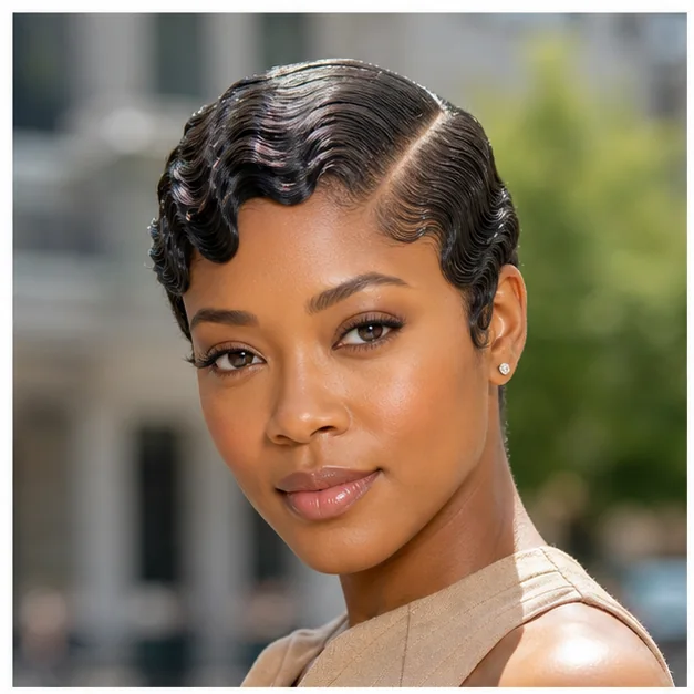 Black woman with classic glossy finger waves on short natural hair