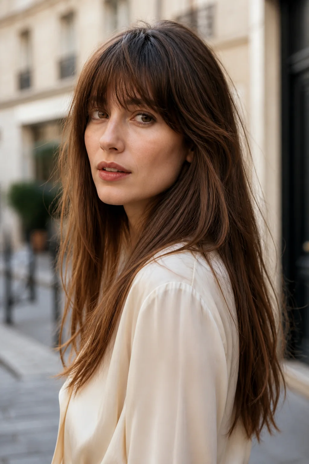 White woman with long brunette hair and classic Jane Birkin bangs