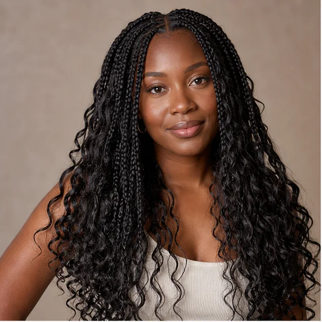 Black woman with long goddess braids and loose curls