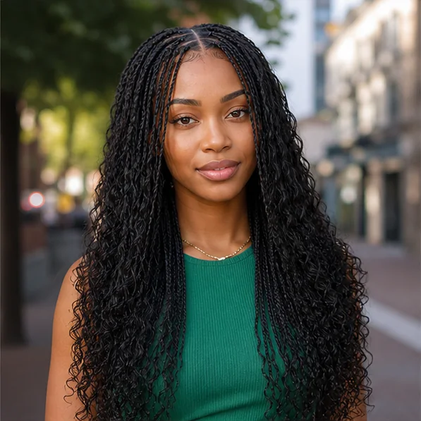 Black woman with classic medium boho braids and loose curls