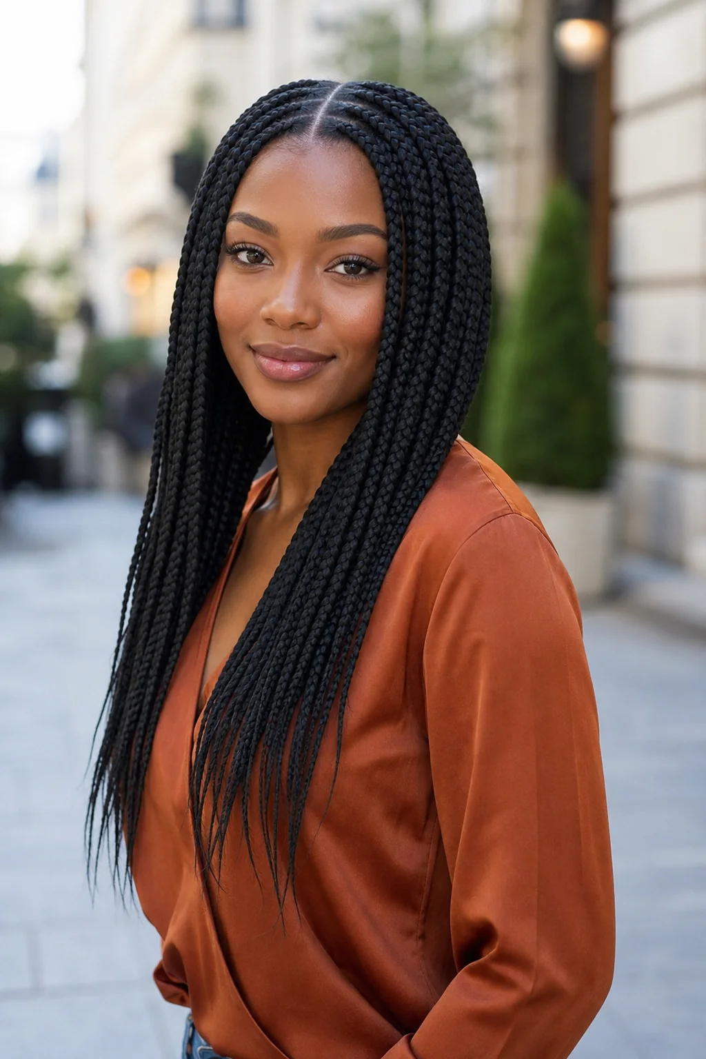Black woman wearing classic medium box braids