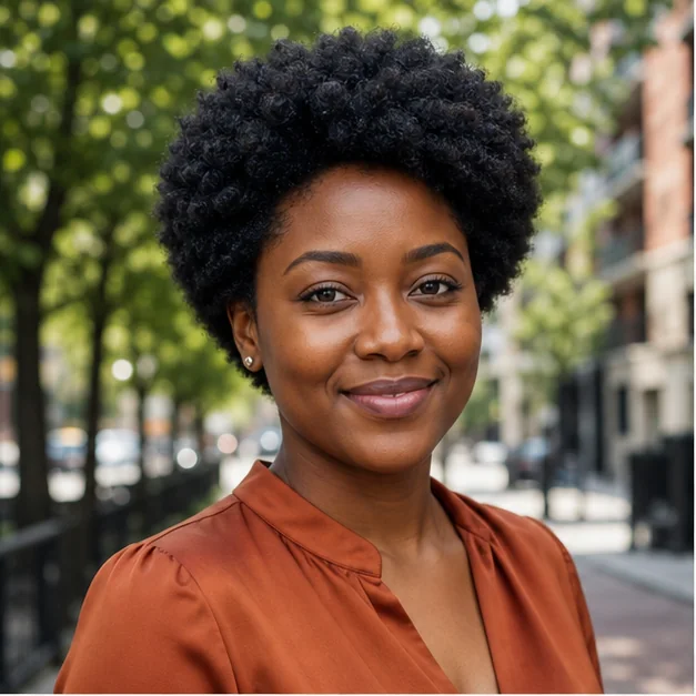 Black woman with a classic rounded tapered Afro haircut