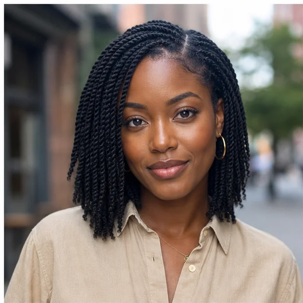 Black woman with classic shoulder length mini twists