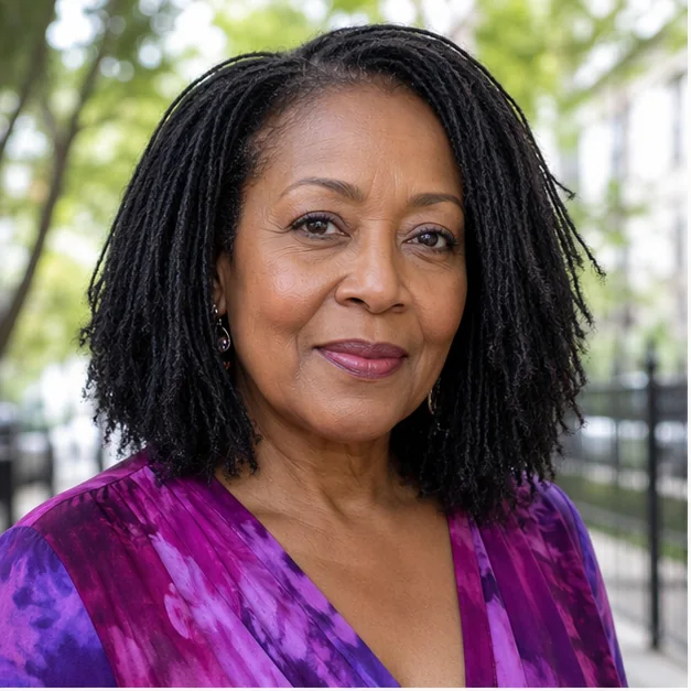 Black woman over 50 with classic shoulder-length Sisterlocks