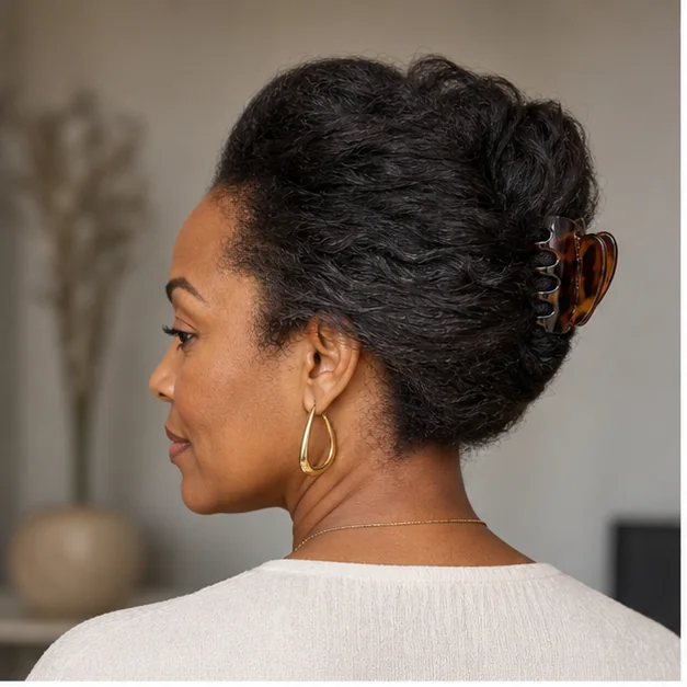 Black woman wearing a natural-hair French twist secured with a claw clip