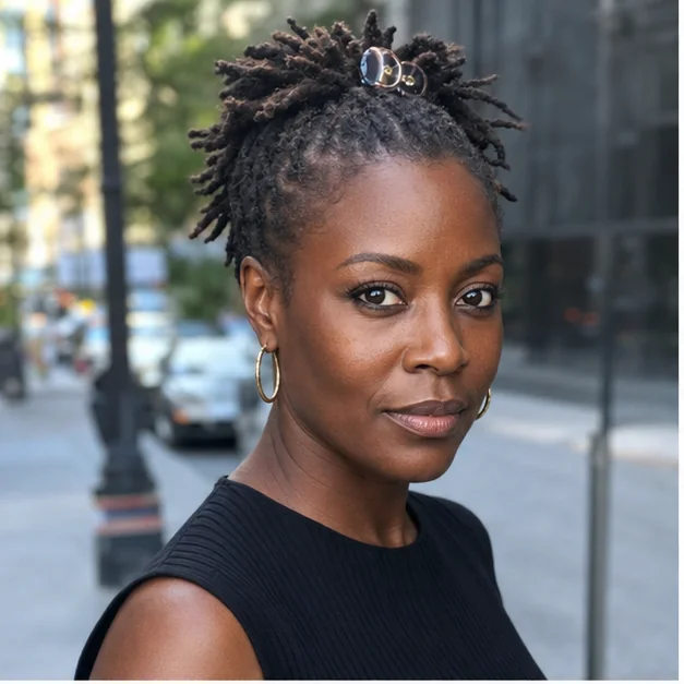 Black woman with short locs gathered loosely in a claw clip