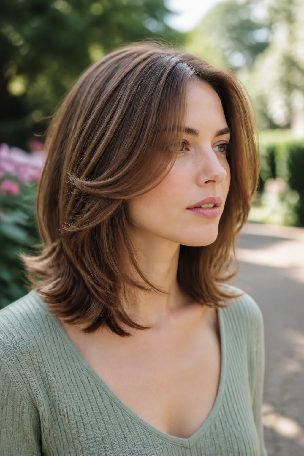 White woman with collarbone-length chestnut butterfly bob