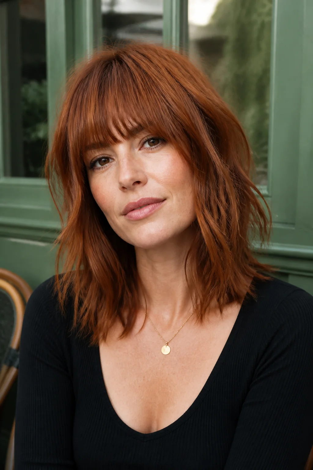 White woman with copper textured hair and Birkin bangs