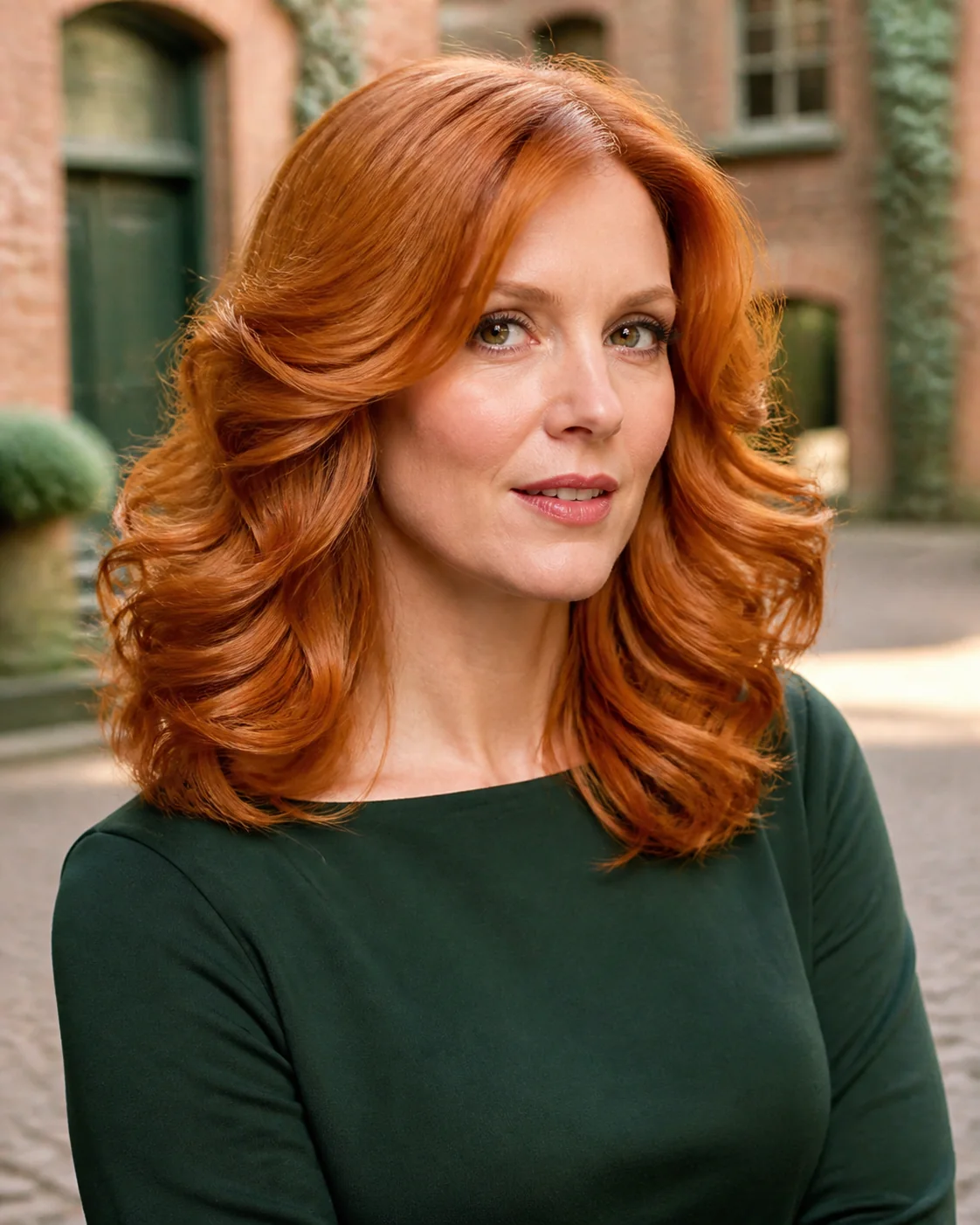 White woman wearing luminous copper brushed-out curls