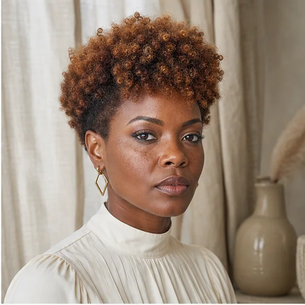 Black woman wearing a warm copper tapered Afro