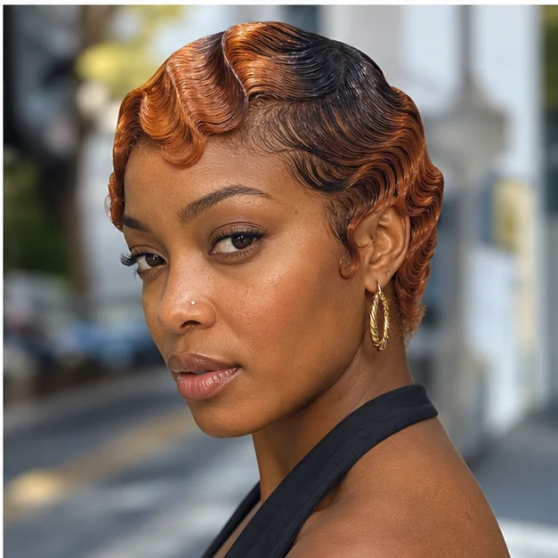 Black woman with warm copper finger waves on natural hair