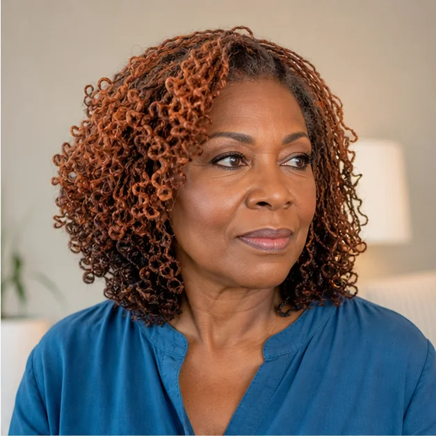 Black woman over 50 with copper-tinted curled Sisterlocks