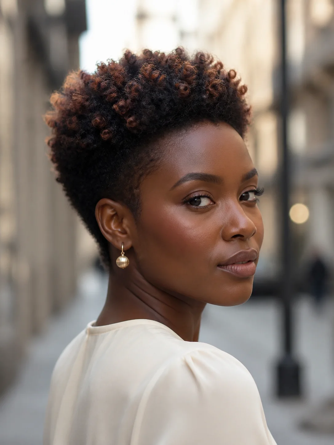Tapered short natural hair with copper tips