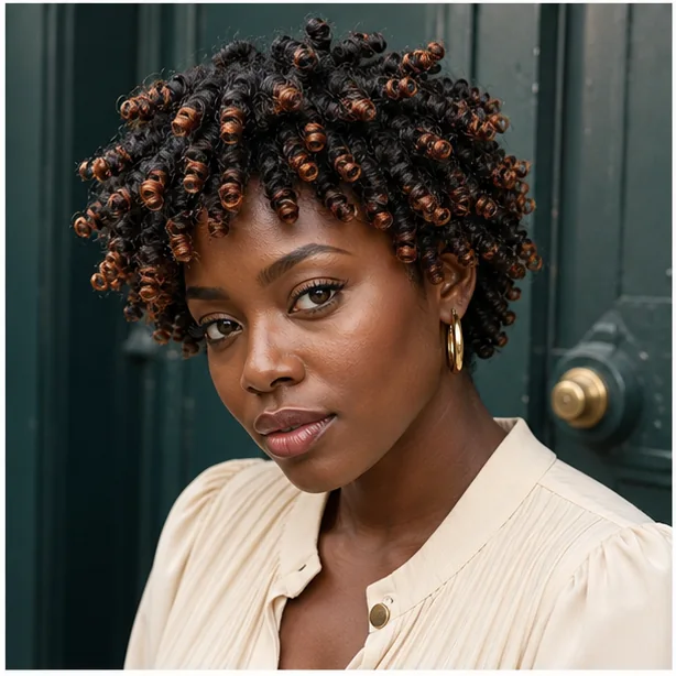 Black woman with dark finger coils and copper-colored tips