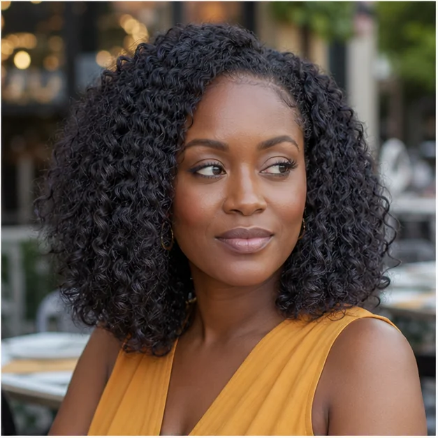 Black woman with soft crochet curls installed over roomy braids
