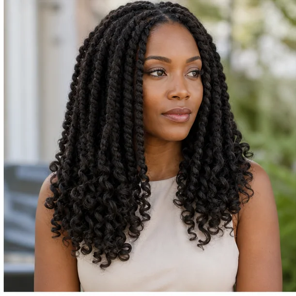 Black woman with Marley twists and loose curled ends