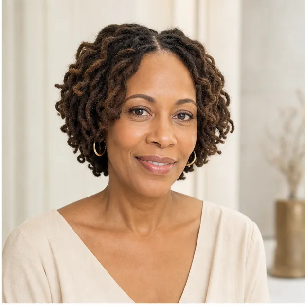 Black woman with short locs styled in soft curls