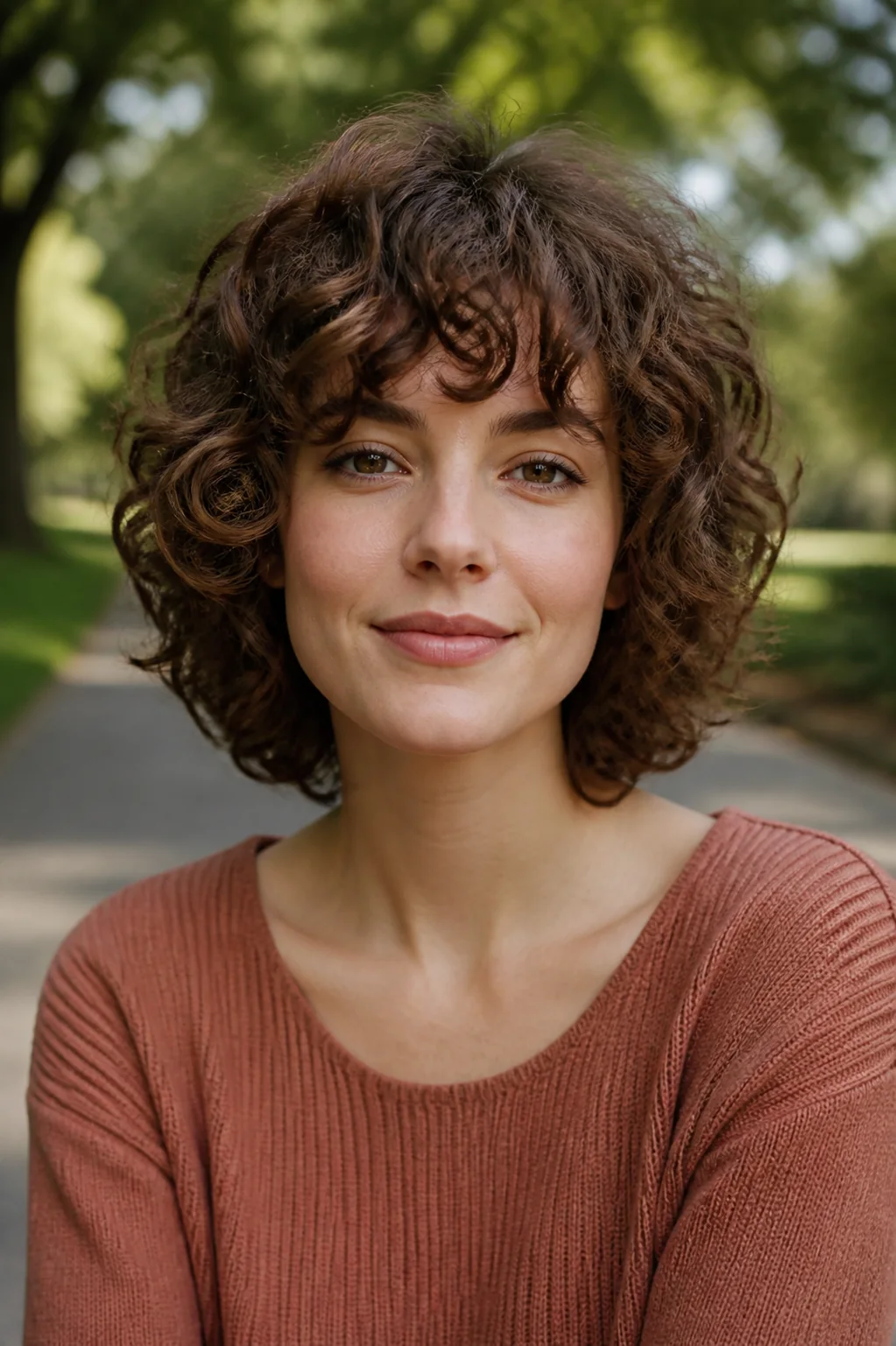 White woman with rounded curly brown hair and curly Birkin bangs
