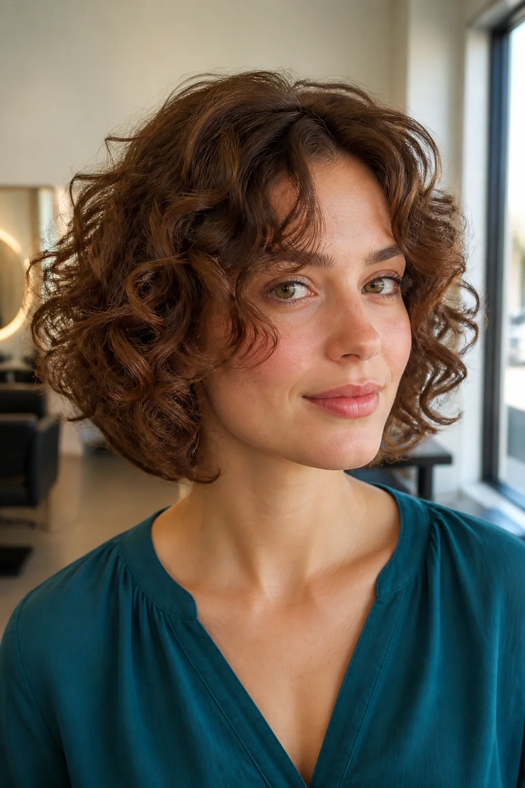 White woman with curly brown butterfly bob
