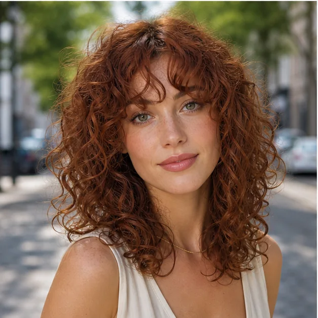 Woman with curly curtain bangs framing her cheekbones