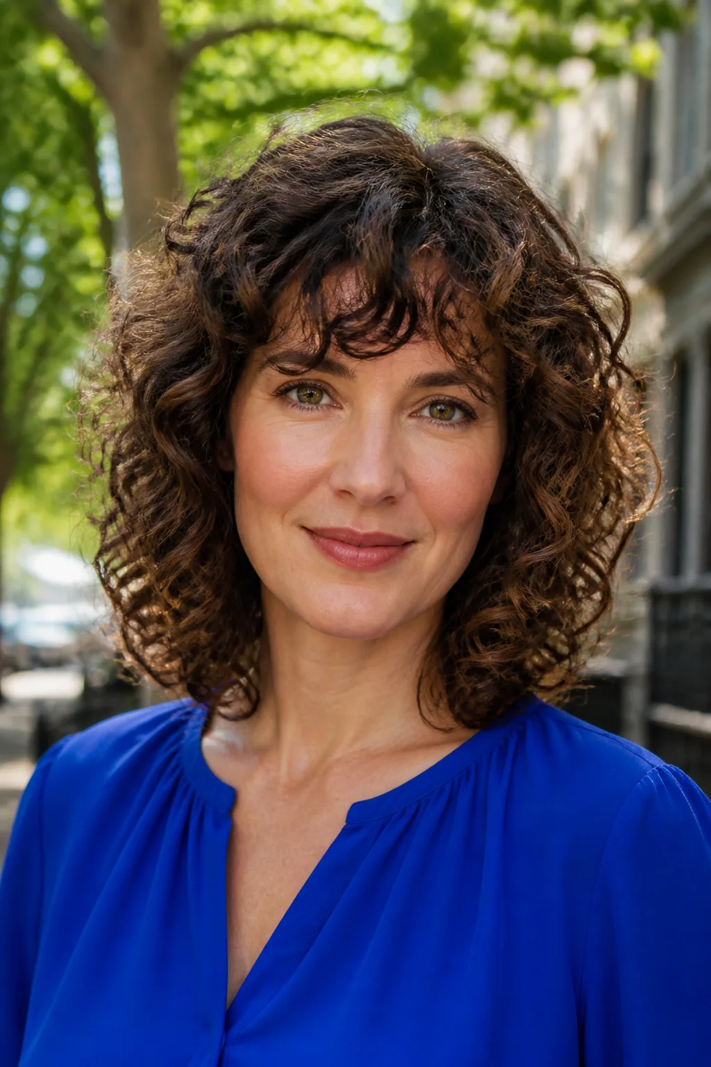White woman with natural curly brown hair wearing curly curtain bangs