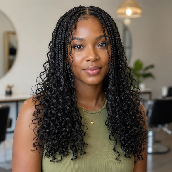 Black woman with boho braids and full curly ends