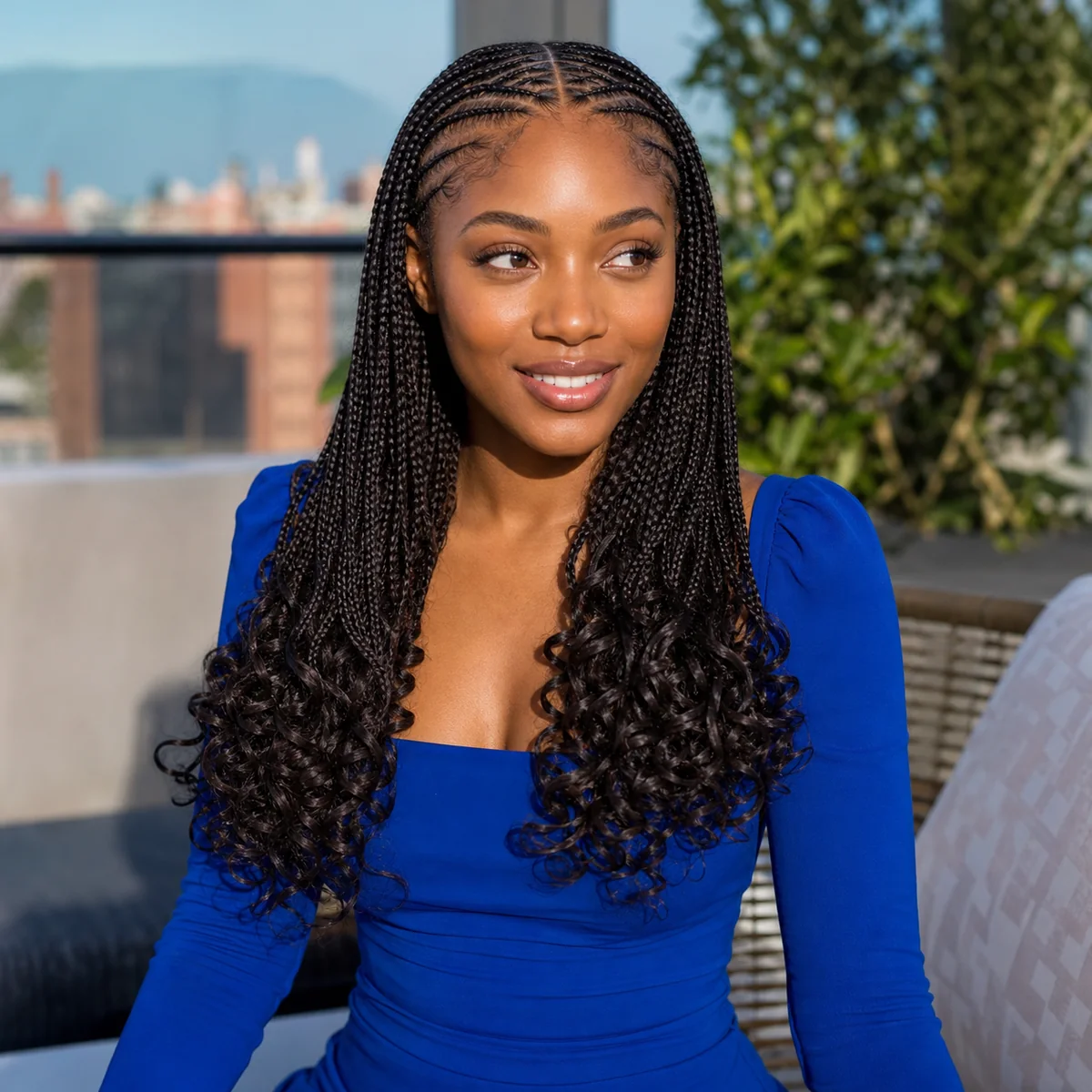 Fulani braids finished with bouncy curly ends