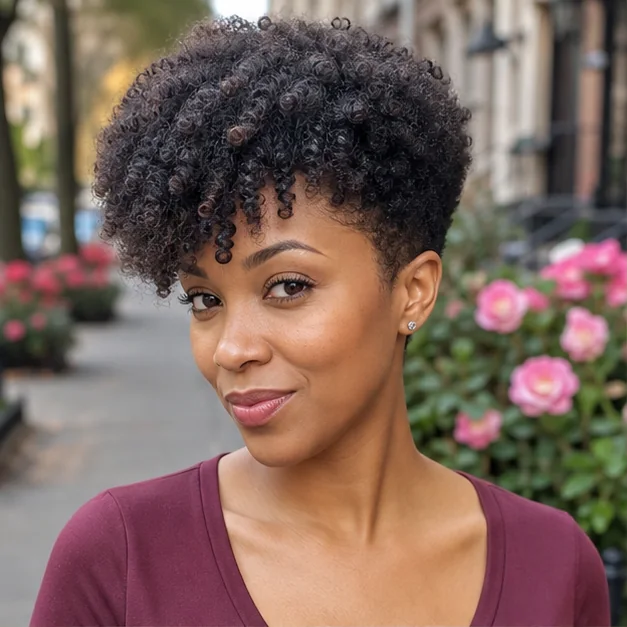 Black woman wearing a tapered Afro with a soft curly fringe