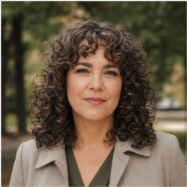 Woman with medium curls and a soft side fringe