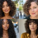 Collage of four women wearing distinct short, medium and long naturally curly hairstyles