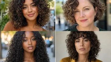 Collage of four women wearing distinct short, medium and long naturally curly hairstyles