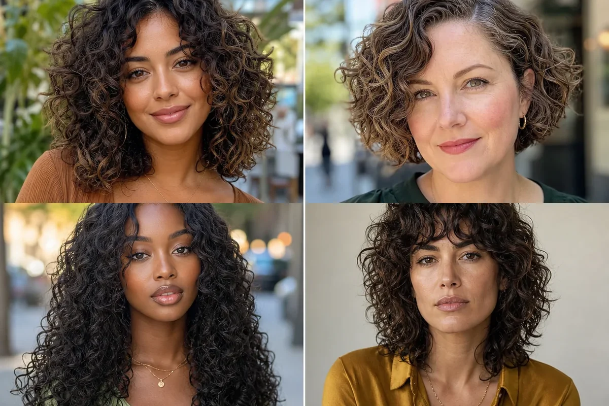 Collage of four women wearing distinct short, medium and long naturally curly hairstyles