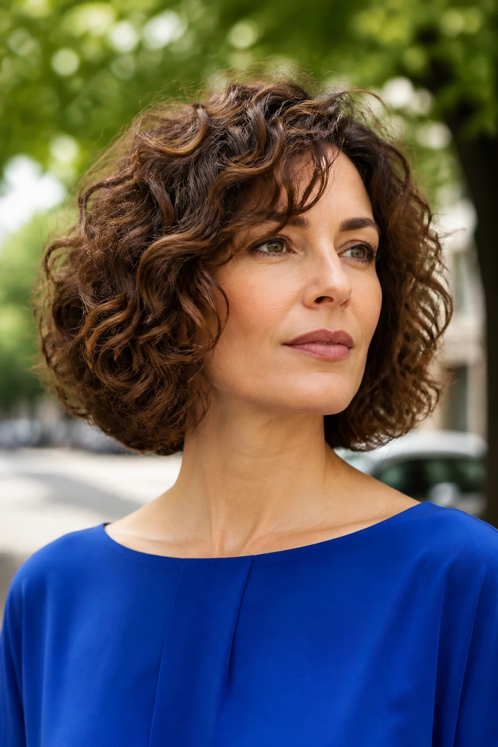 White woman with natural curls wearing a curly Italian bob