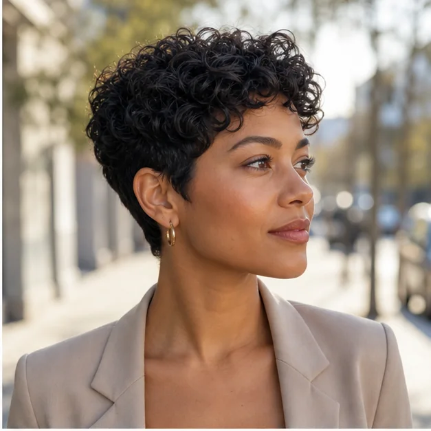 Woman with a curly pixie and tapered nape