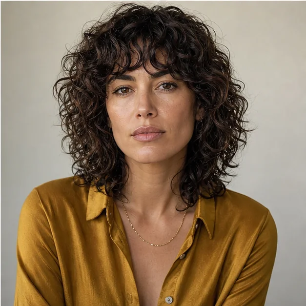 Woman wearing a curly shag with soft fringe
