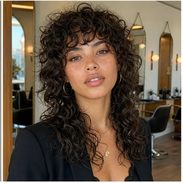 Woman with a curly wolf cut and airy ends