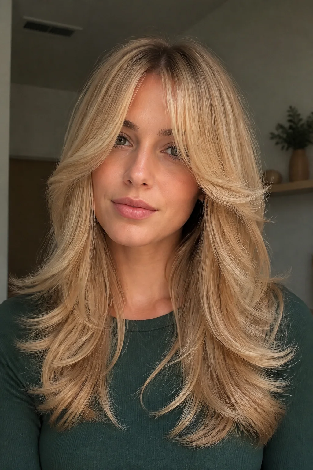White woman with a blonde butterfly cut and curtain bangs