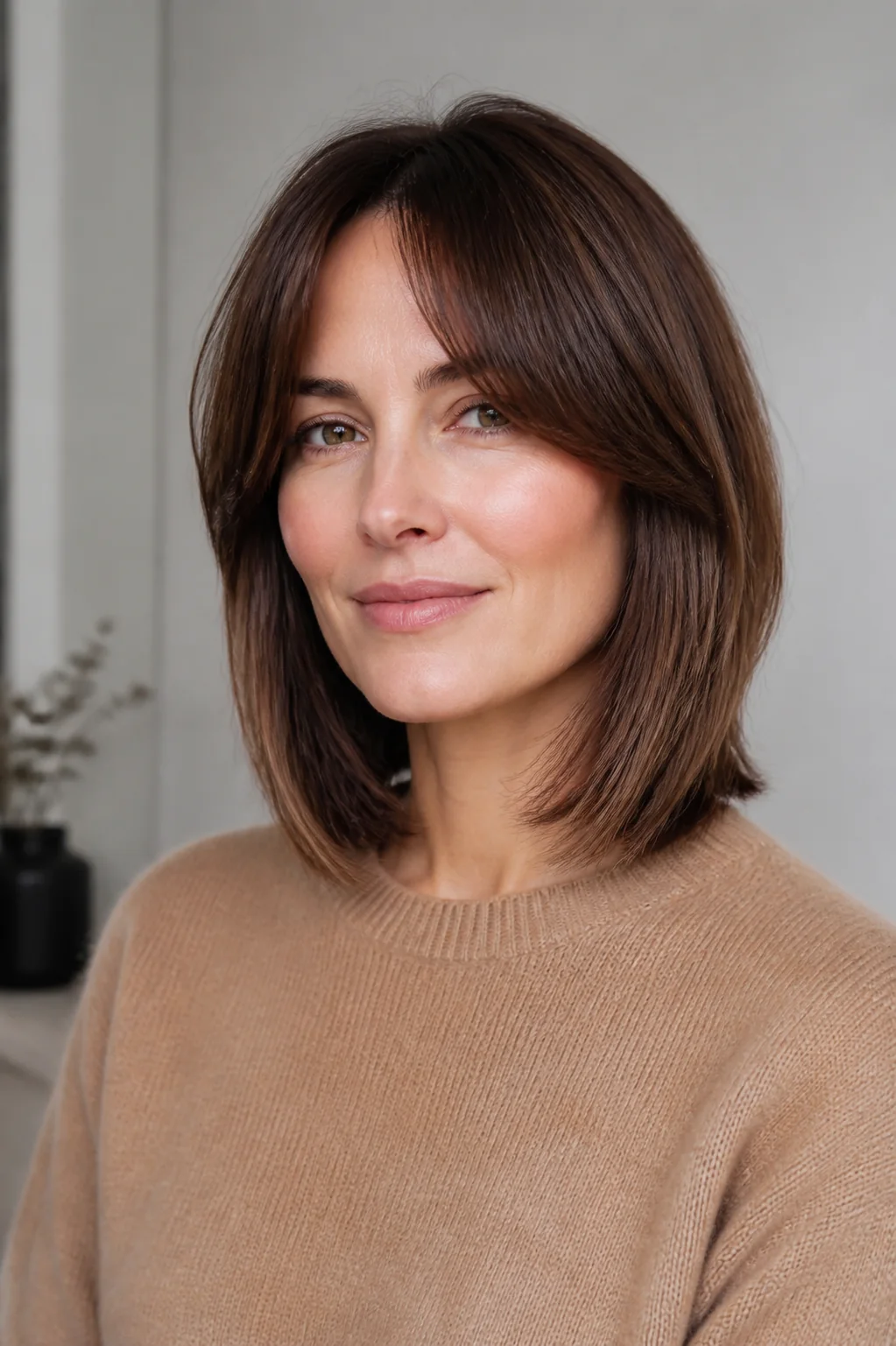 White woman with a collarbone lob and curtain bangs