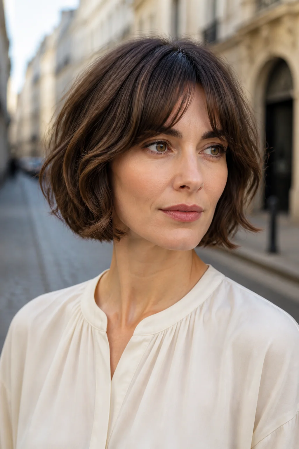 White woman with a French-inspired bob and curtain bangs