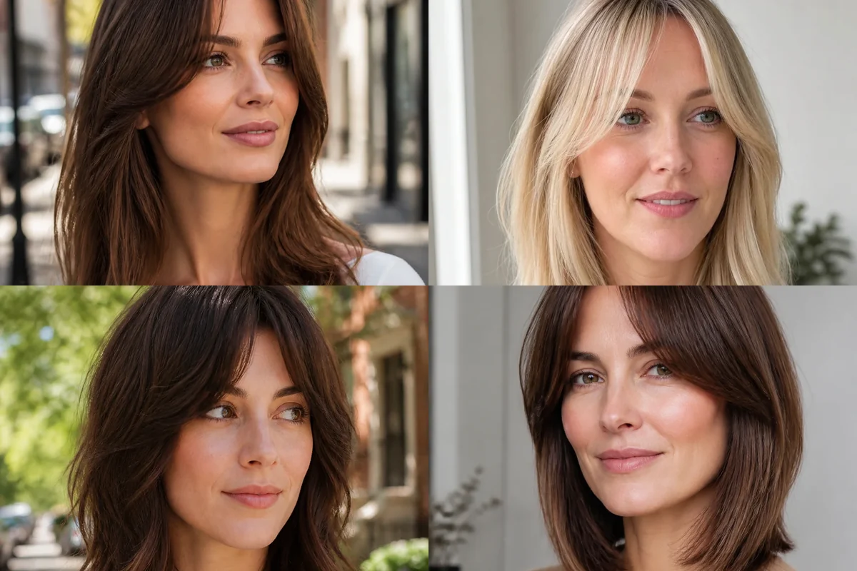 Collage of four women wearing distinct curtain bangs haircuts