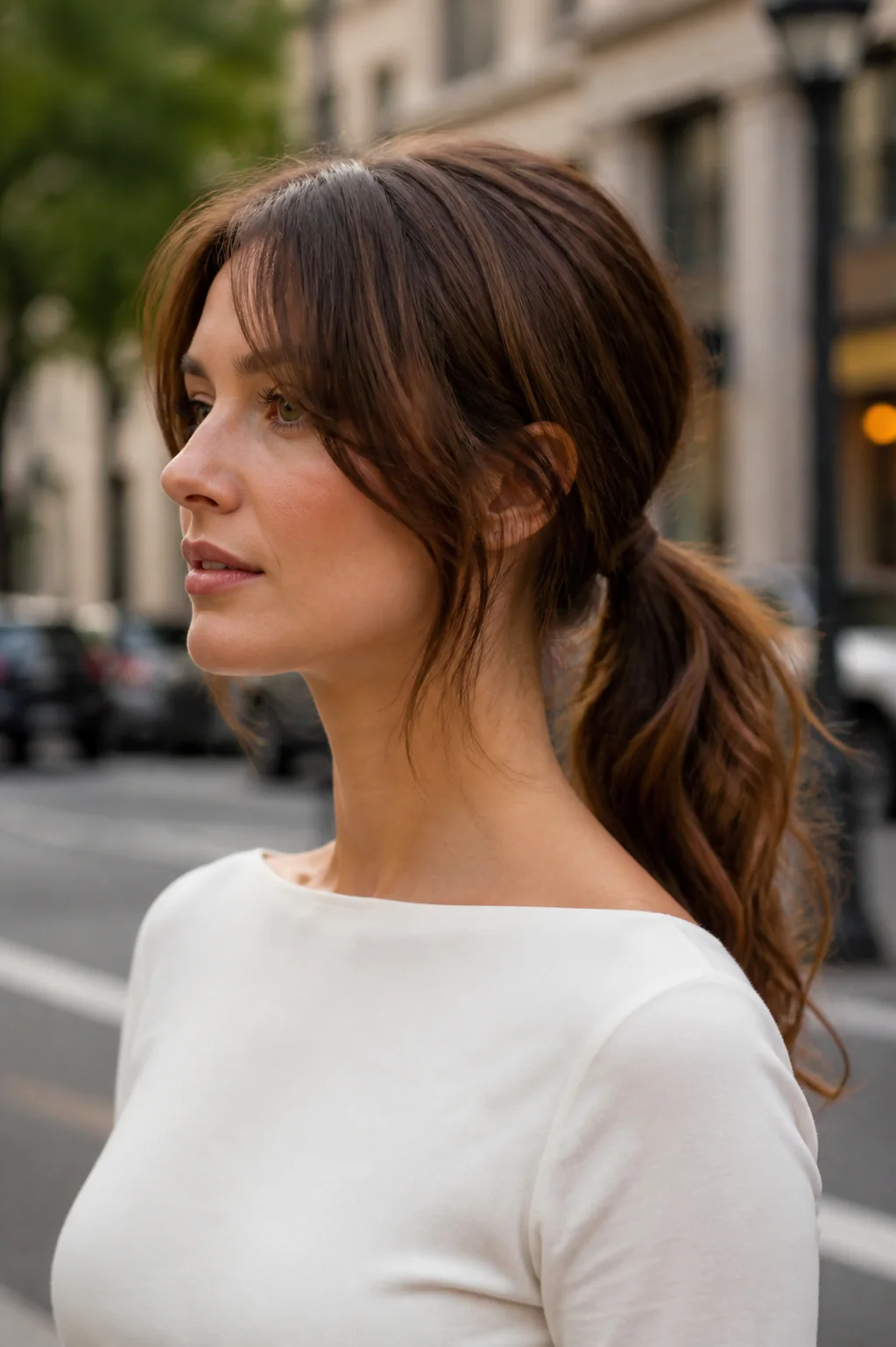White woman with curtain bangs and a low ponytail
